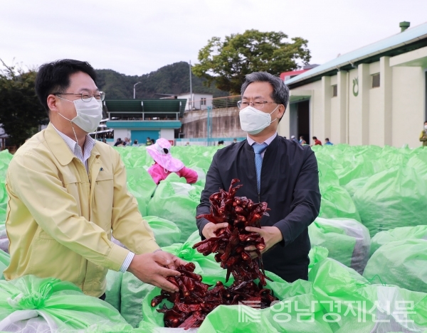 영양고추 수매현장을 찾은 오도창 영양군수. ⓒ영양군