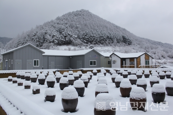 ▲ 오가향 마당 앞 장독대에 눈이 소복이 덮인 모습. ⓒ오가향