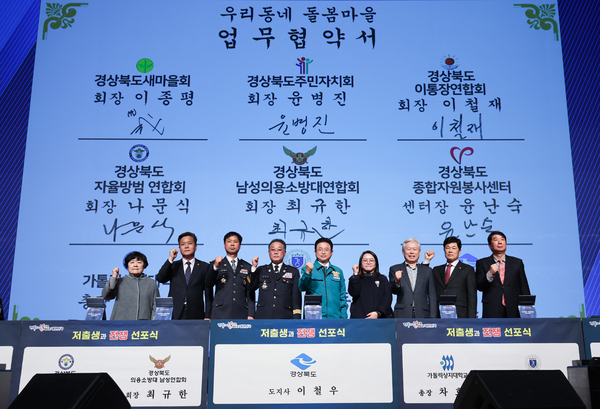 ▲경북도가 종합자원봉사센터와 주민자치회, 새마을회, 이장통장협의회, 의용소방대연합회 등과 우리동네 돌봄 업무협약을 가졌다. ⓒ경북도