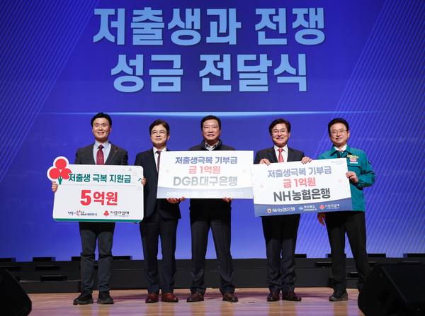 ▲경북도 저출생 극복 지원금으로 사회복지공동모금회가 5억원, 농협과 대구은행이 각각 성금 1억원을 전달했다. ⓒ경북도