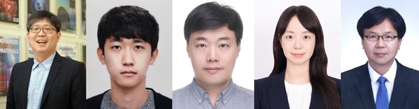 ▲ 히알루론산 수분 감응형 결합에너지 이용한 메타표면 트랜스퍼 프린팅 연구팀(왼쪽부터 노준석 포스텍 기계공학과·화학공학과·전자전기공학과 교수, 김경태 기계공학과 통합과정생, 박인규 KAIST 기계공학과 교수, 고지우 박사, 정준호 한국기계연구원 박사). ⓒPOSTECH