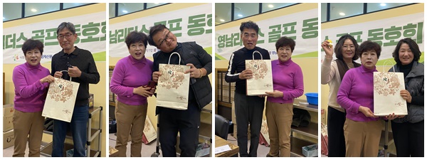 영남리더스 골프회 12월 월례회 행운볼 추첨 당첨자(왼쪽부터 신영모, 김명수, 이보석, 하리경, 강인선 회원 With 김정숙 회장) ⓒ김소헌기자