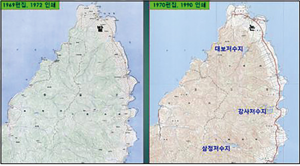 ▲ 그림6 시대에 따른 해안단구의 토지 이용 변화. (왼)1960년대, (오)1970년대.