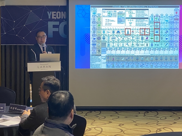 ▲ 그래핀스퀘어㈜ 홍병희 대표가 25일 포항라한호텔에서 열린 영남경제신문 영남리더스포럼의 강연자로 나서 ‘포항 그래핀밸리’ 비전을 발표하고 있다 ⓒ영남경제 자료